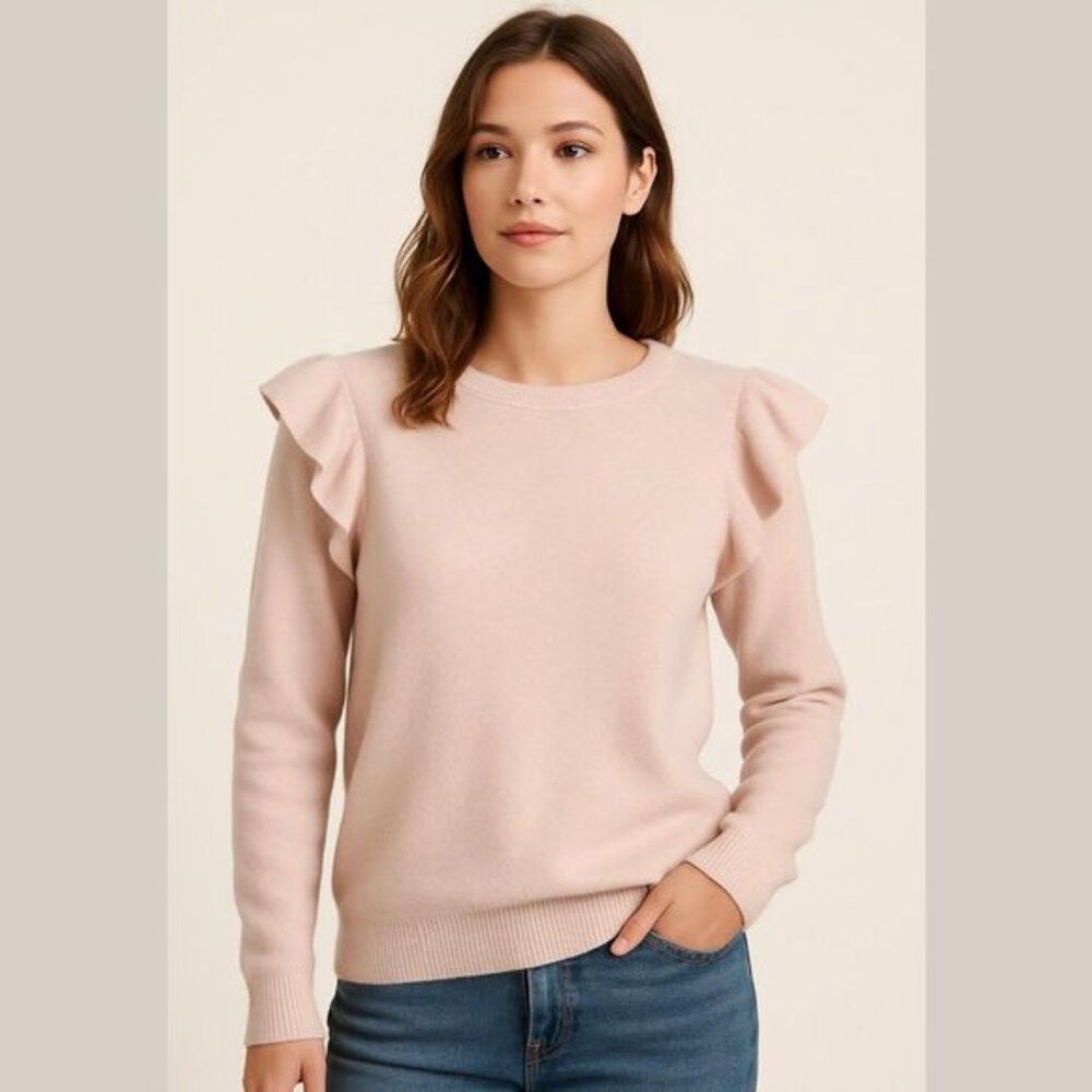 Magaschoni Blush Pink Cashmere Sweater Ruffle Shoulder SZ L NEW